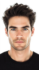 Fototapeta premium Focused man with clear blue eyes in black tee