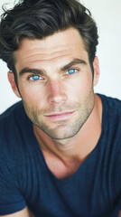 Fototapeta premium Man in blue shirt with piercing blue eyes and dark hair
