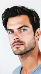 Obraz premium Close-up image of a man with blue eyes in grey shirt.