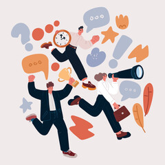 Cartoon vector illustration of Concept of searching for opportunities, decisions, new business ideas or staff. People looking forward to future. Watch, binoculars, trophy cup