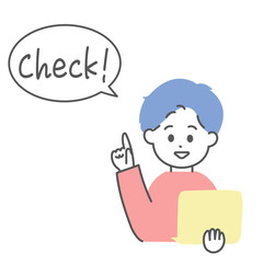 ノートパソコンを持つ男性とチェックの吹き出し