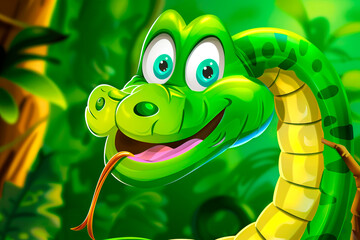 Fototapeta premium Cartoon cute green snake in the jungle. Symbol of the New Year to the Chinese calendar.