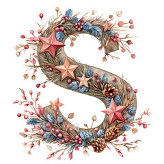 Obraz premium A letter S with Christmas baubles, alphabet clipart, watercolor, isolated on white background 