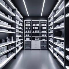 Futuristic Storage Room with Shelves