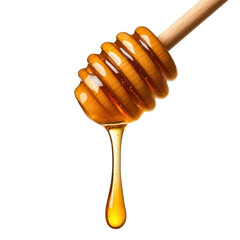 A close-up of honey dripping from a wooden honey dipper, showcasing its rich color and texture, isolated on a transparent background.