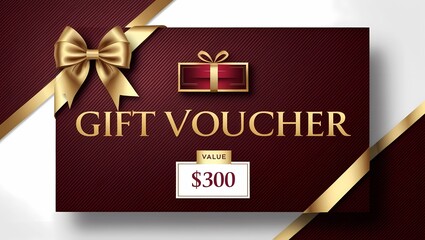 Luxury Gift Voucher Design with Gold Ribbon and $300 Value on a Rich Maroon Background
