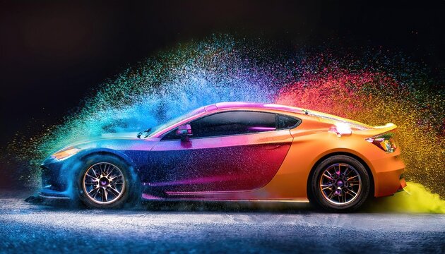 Vibrant Colorful Car with Artistic Paint Splash