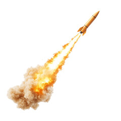 A dynamic rocket launching with vibrant flames and smoke, symbolizing speed, power, and innovation in technology and exploration. isolated on a transparent background.