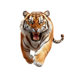 Obraz premium A fierce tiger charging forward, showcasing its strength and majestic beauty in a dynamic pose. isolated on a transparent background.