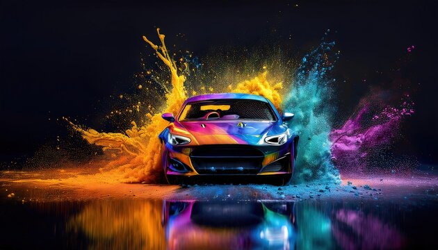 Vibrant Sports Car Surrounded by Colorful Splashes