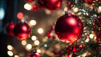 Christmas Sparkle: Red and Silver Ornaments Adorn a Glowing Christmas Tree 