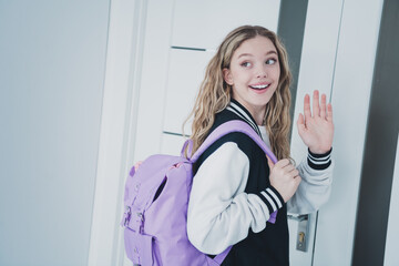 Photo of sweet pretty teen girl exit room wave hand bye wear stylish school uniform morning routine...
