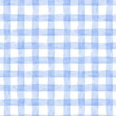 Dusty blue Gingham watercolor seamless pattern. Checkered hand drawn background