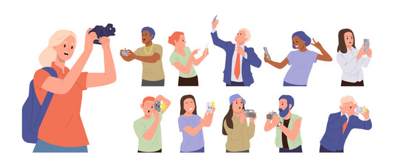 Diverse people cartoon characters taking photo by mobile and digital camera isolated set on white