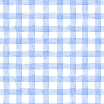 Fototapeta Dusty blue Gingham watercolor seamless pattern. Checkered hand drawn background