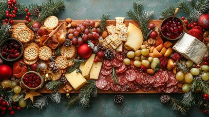 A flat lay of a Christmas-themed charcuterie board