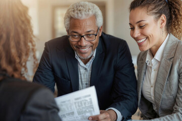Portrait of happy African American couple meeting lawyer for advice and lawyer's legal services and signs documents