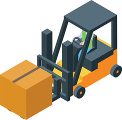 Warehouse worker is driving a forklift carrying a large parcel