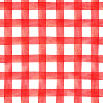 Fototapeta Red Christmas Gingham watercolor seamless pattern. Checkered hand drawn background