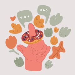 Cartoon vector illustration of Hand holding donut. Finger putting in the hole