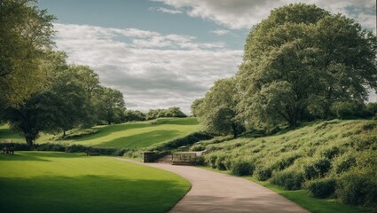 Serene Park Pathway: Tranquil afternoon sunlight bathes a winding pathway through lush green hills, inviting a peaceful stroll amidst nature's embrace. 