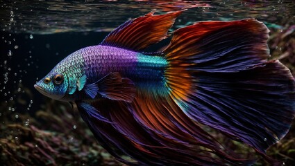 Fototapeta premium Colorful Betta Fish in Aquarium: A vibrant, iridescent betta fish gracefully navigates its underwater world, its flowing fins a kaleidoscope of colors. A splash of water adds dynamism to this serene 