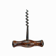 Old corkscrew with wooden handle. Isolate on white.