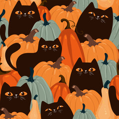 Halloween Background Seamless Pattern with black cats and pumpkins, cute kawaii black cat character, for fabric, wrapping paper, wallpaper and other