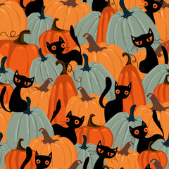 Halloween Background Seamless Pattern with black cats and pumpkins, cute kawaii black cat character, for fabric, wrapping paper, wallpaper and other