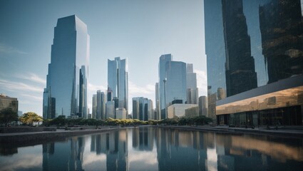 Fototapeta premium Urban Tranquility at Dawn: Modern skyscrapers reflected in a serene pond as the city awakens