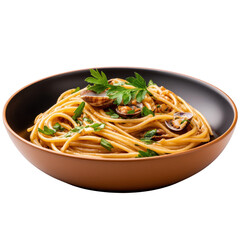 Delicious spaghetti with clams, garnished with fresh parsley in a stylish bowl isolated on a transparent background.