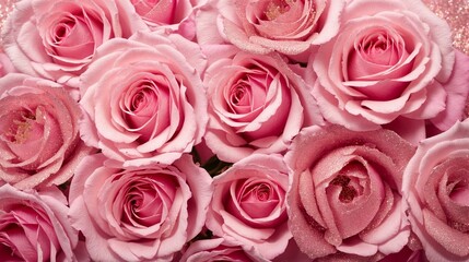 Obraz premium Pink Roses in Bloom: A breathtaking tapestry of delicate pink roses, their velvety petals unfurling in exquisite beauty. 