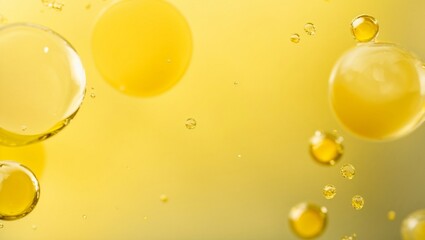 Golden Drops of Wonder: Mesmerizing macro photography captures the ethereal beauty of oil bubbles suspended in water, forming a captivating abstract art piece with vibrant yellow hues. 