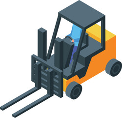 Warehouse worker wearing blue uniform driving a yellow forklift in isometric projection