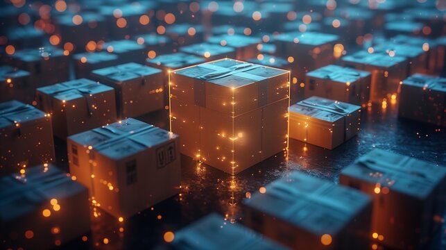 Glowing stack cardboard boxes symbolizing fast secure delivery perishable goods, supply inventory chain distribution warehouse