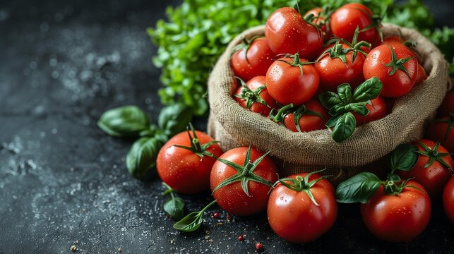 Freshly harvested organic tomatoes ready for perishable delivery shipment, eating healthy diet nutrition