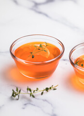 mandarin jelly. orange jelly in plate and slices of tangerine