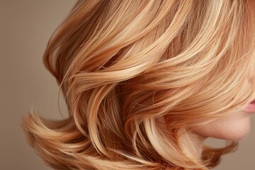 Fototapeta premium Layered bob haircut with subtle highlights, set against a soft, gradient background with ample copyspace, highlighting the layers and movement of the hair,