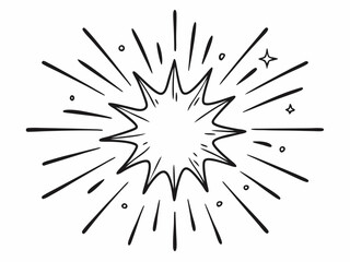 Hand-drawn rays and explosion. Doodle brush ornament lines and surprise symbol. Sun burst, shocked frame, shine starburst elements on white background. Vector set
