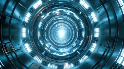 Futuristic circular tunnel with glowing blue lights and metallic structure, evoking a sci-fi atmosphere and advanced technology vibes.