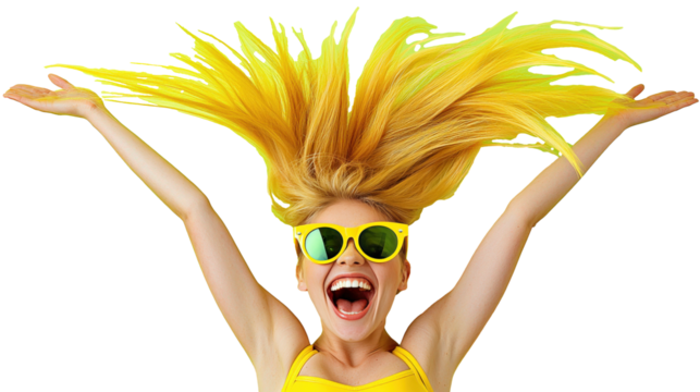 Blonde woman in yellow bikini with playful hairstyle