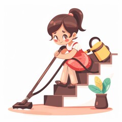 Chibi housewife, vacuuming stairs, cleaning, flat design illustration, thorough, isolated on white background