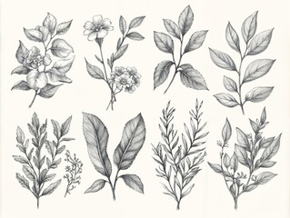 Fototapeta premium Botanical Illustrations of Various Leaf and Flower Arrangements in Black and White