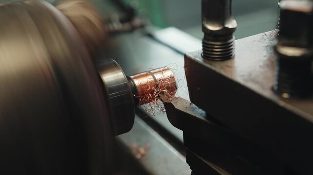 Close-up shot operation of lathe machine cutting the brass shaft parts and the cutting chips