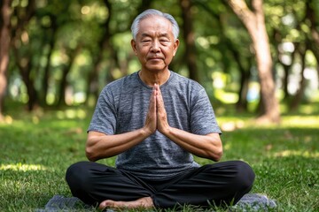 Obraz premium A serene elderly man practices yoga outdoors, embodying tranquility and mindfulness in a lush green park setting.