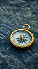A vintage brass compass resting on rugged stone, symbolizing adventure and exploration in nature.
