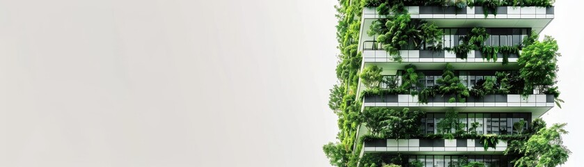 Fototapeta premium Modern eco-friendly apartment building with lush green balconies against a minimalistic background highlighting sustainable urban living.