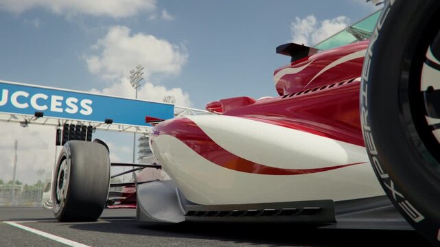 Low angle view of a generic formula one race car rolling into pole position. 3D animation rendering