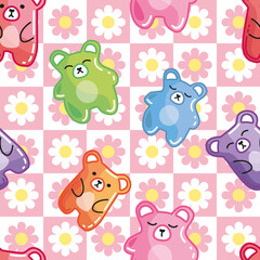 Colorful sweet jelly bears, gummy candies on flower simple background. Seamless pattern. Texture for fabric, wallpaper, decorative print.