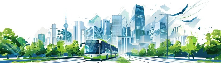 Modern urban landscape with eco-friendly trolleybus and futuristic skyscrapers, symbolizing sustainability and clean energy in transportation.